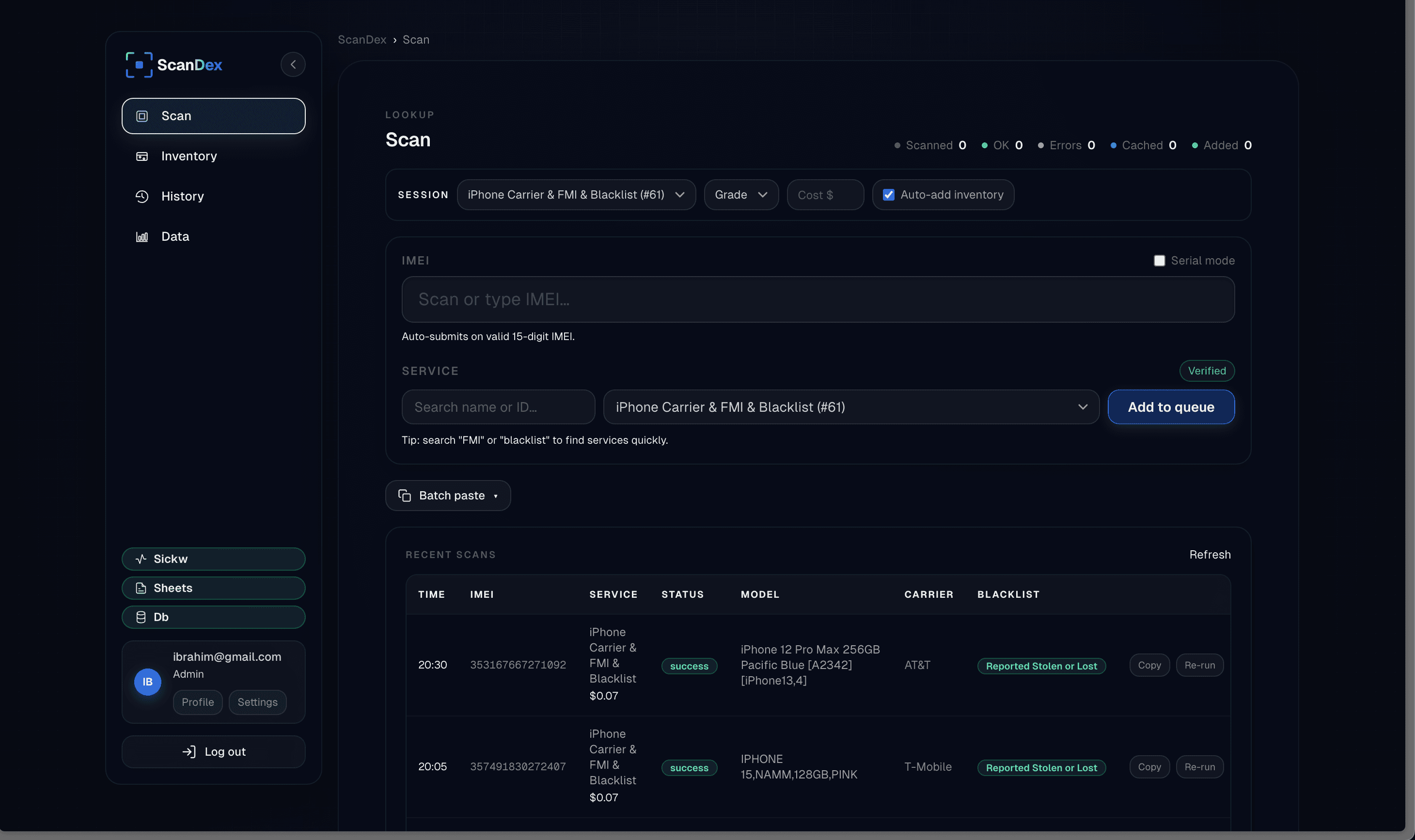 ScanDex — IMEI scan workflow